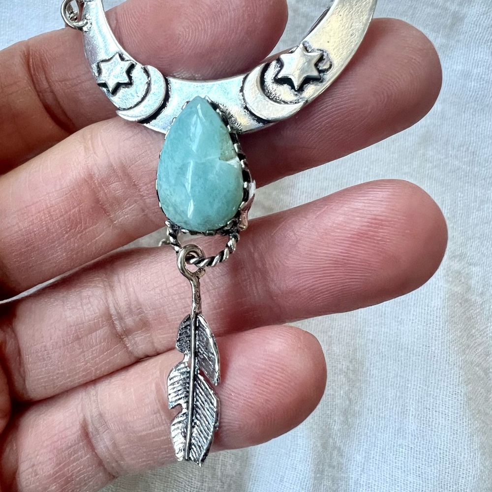 925 Flawed Boho Caribbean Larimar Feather Pendant Necklace - Picture 3 of 10